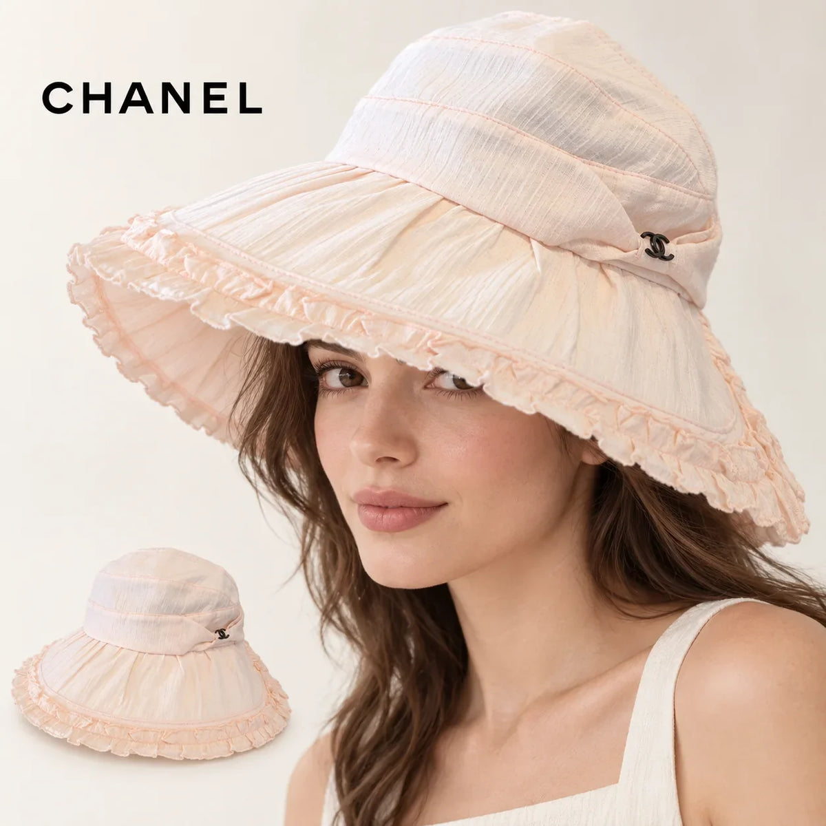 CHANEL wide-brim hat worn by a female model, with product detail inset.