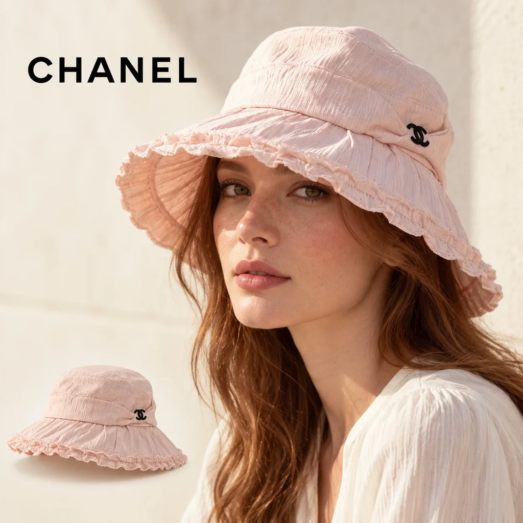 CHANEL wide-brim hat worn by a female model, with product detail inset.
