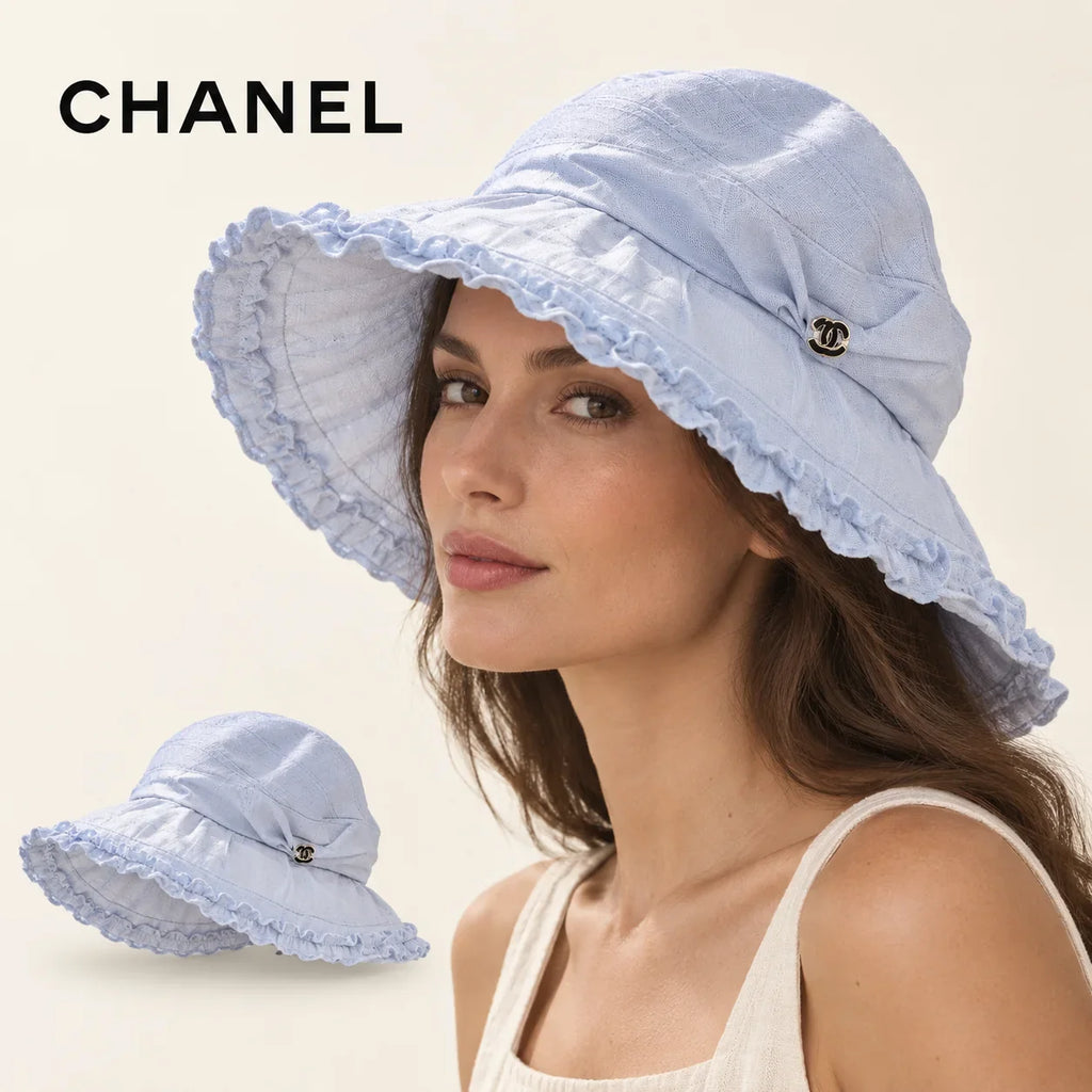CHANEL wide-brim hat worn by a female model, with product detail inset.