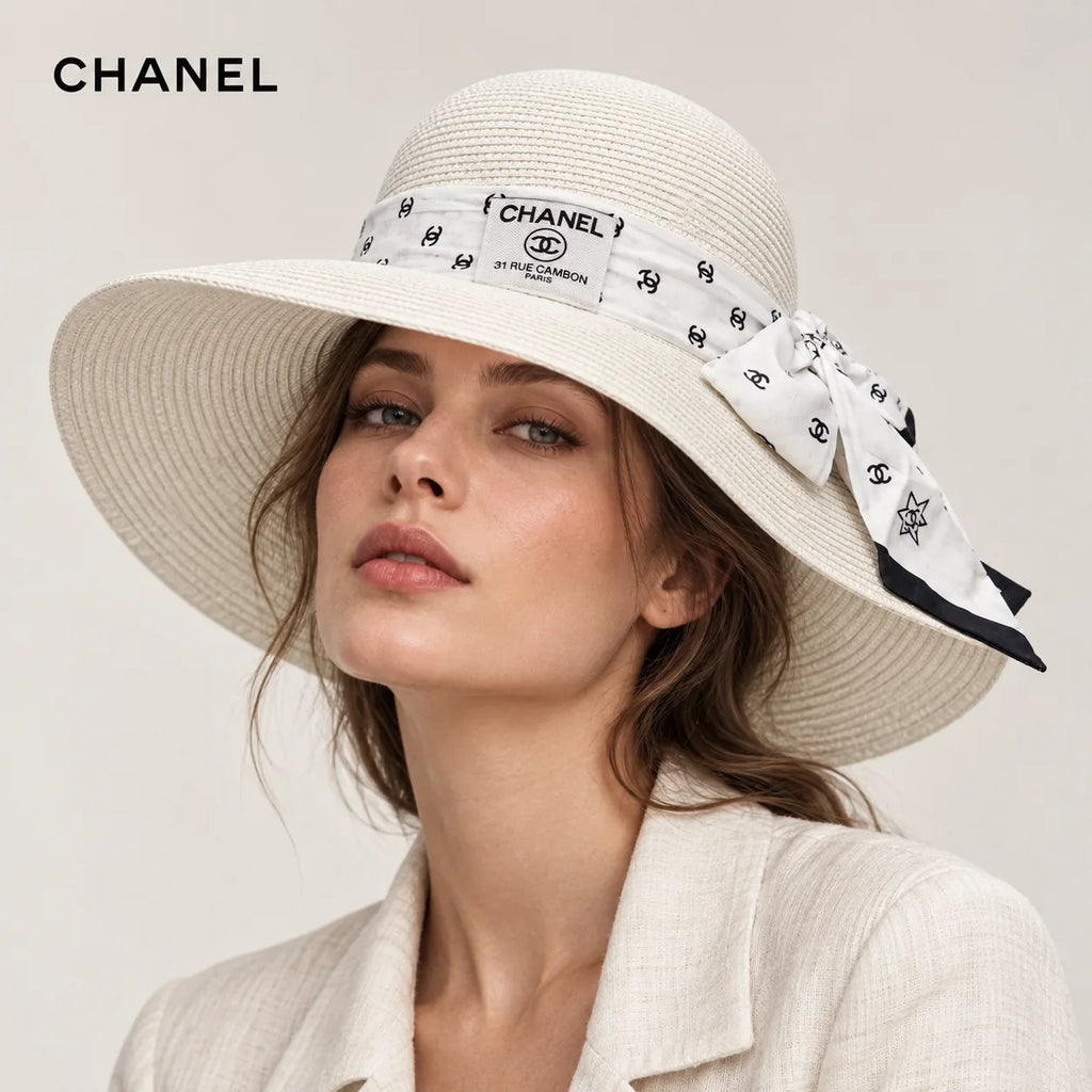 Chanel hat worn by a female model, showing the hat shape and detailing.