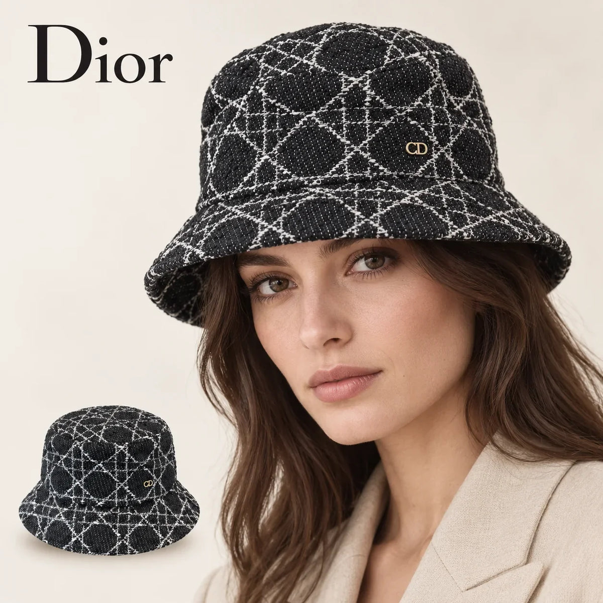 Dior bucket hat worn by a female model, with product detail inset.