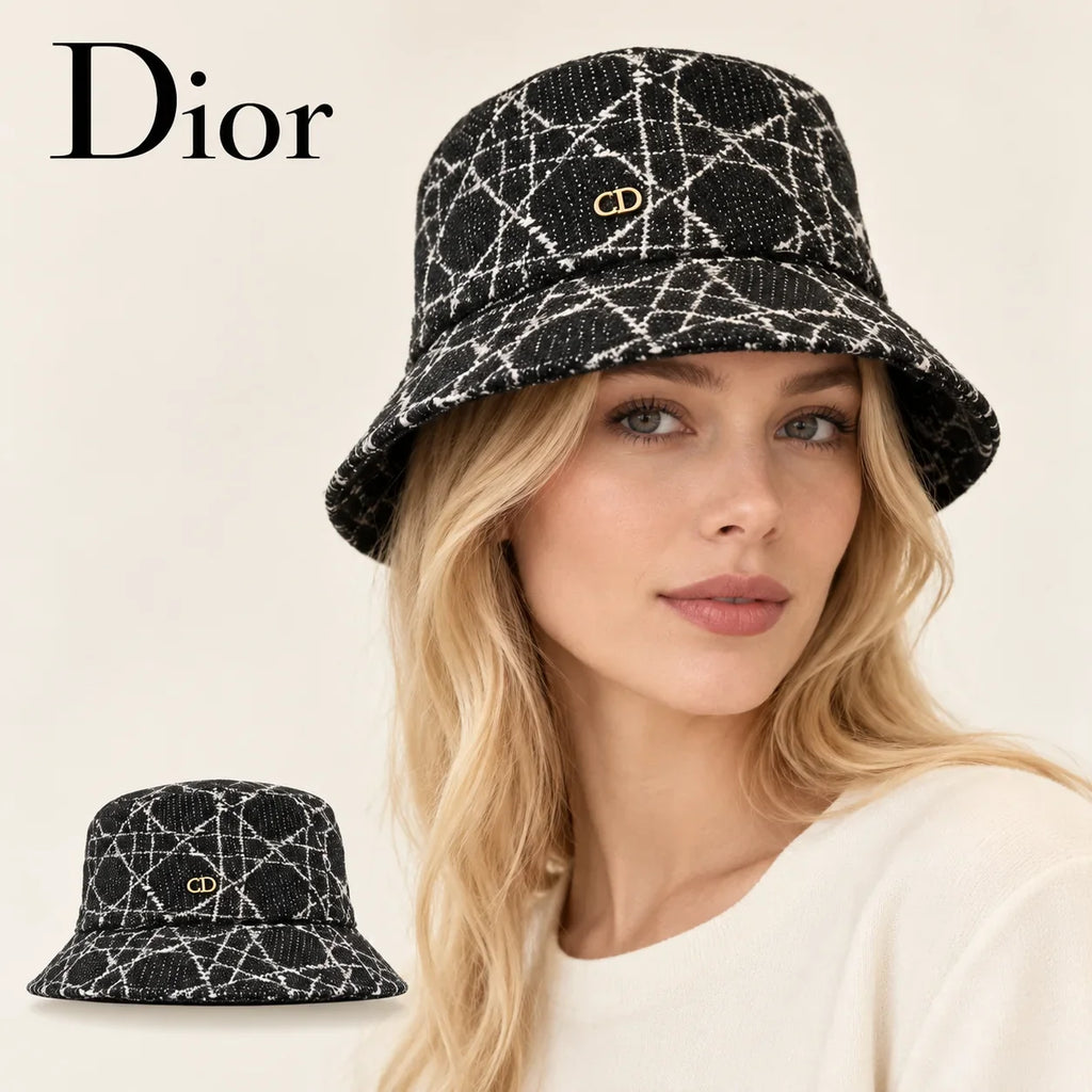 Dior bucket hat worn by a female model, with product detail inset.