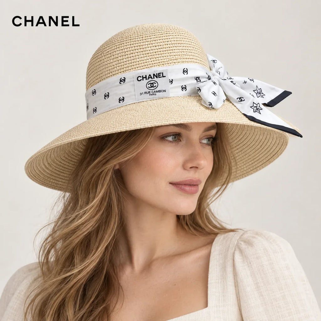 Chanel hat worn by a female model, showing the hat shape and detailing.