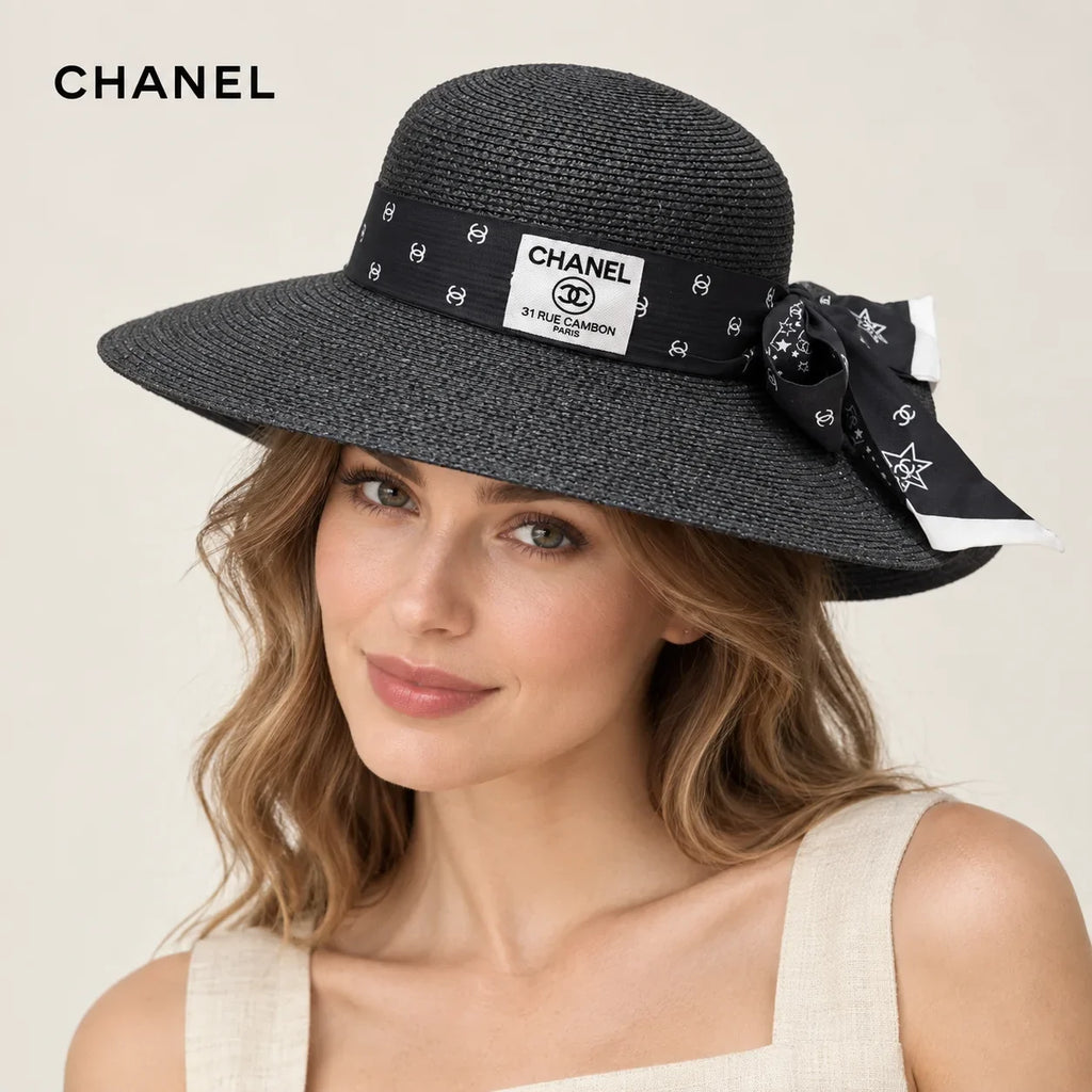 Chanel hat worn by a female model, showing the hat shape and detailing.