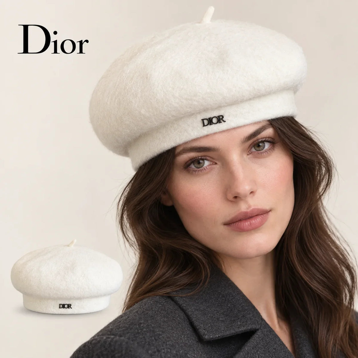 Dior beret worn by a female model, with product detail inset.