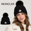 Moncler beanie worn by an adult female model, with product detail inset.