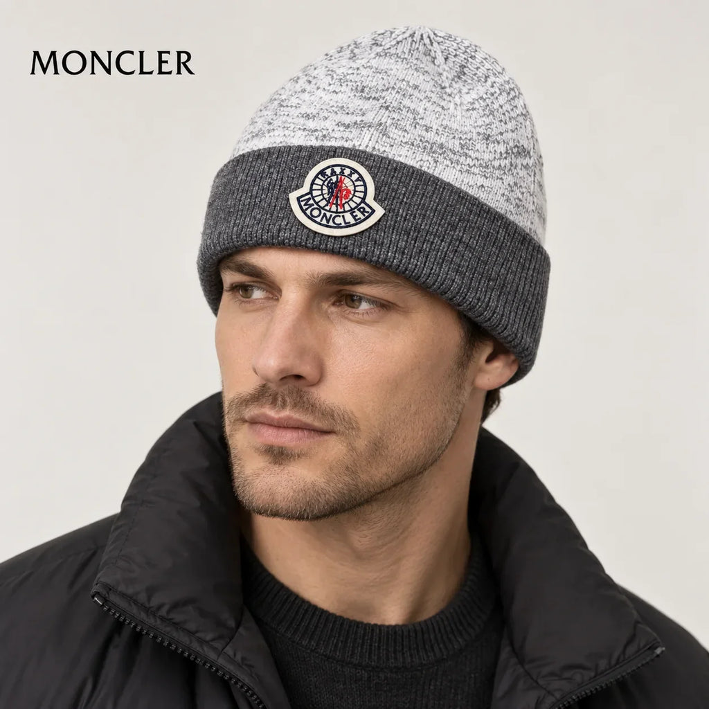 Moncler hat worn by a male model, showing the hat shape and detailing.