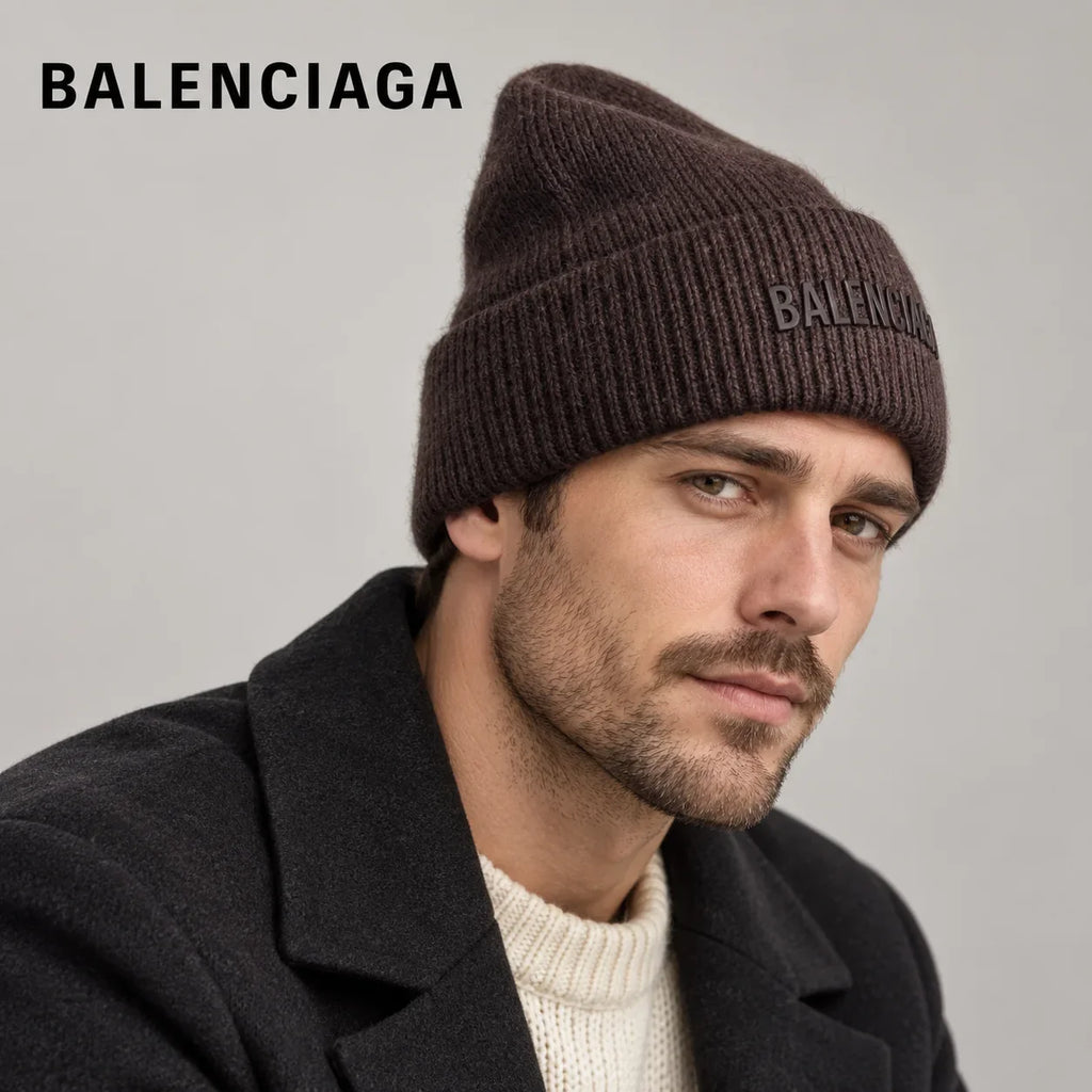 Balenciaga ribbed knit beanie worn by an adult male model