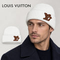 Louis Vuitton beanie worn by an adult male model, with product detail inset.