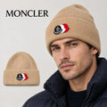 Moncler beanie worn by an adult male model, with product detail inset.