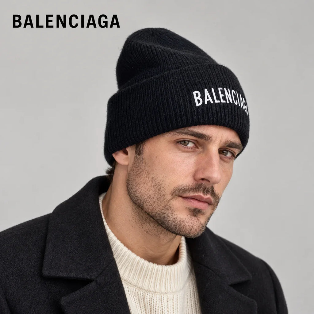 Balenciaga ribbed knit beanie worn by an adult male model