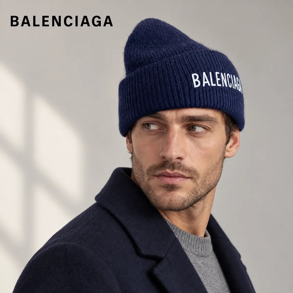 Balenciaga ribbed knit beanie worn by an adult male model