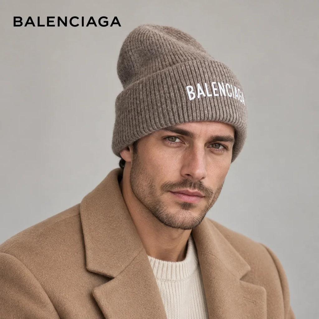 Balenciaga ribbed knit beanie worn by an adult male model