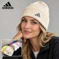Adidas ribbed knit beanie worn by an adult female model with a multicolor product inset