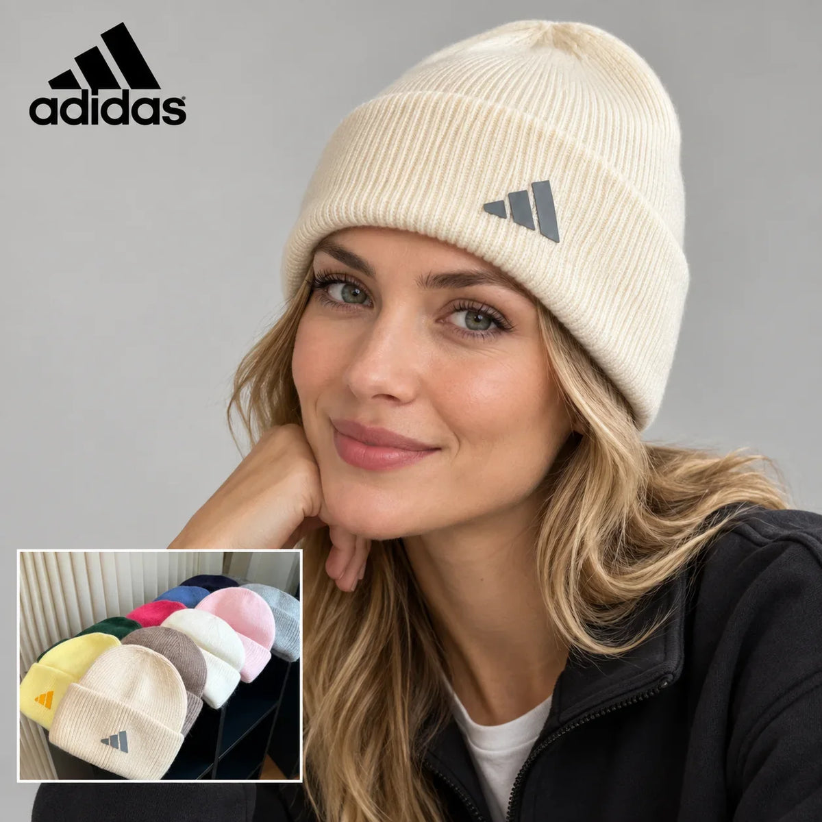 Adidas ribbed knit beanie worn by an adult female model with a multicolor product inset