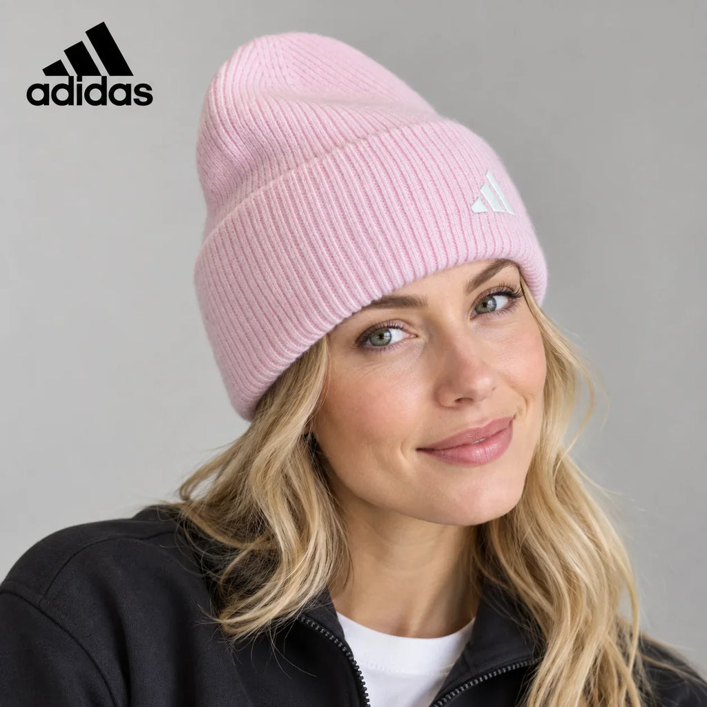 Adidas ribbed knit beanie worn by an adult female model