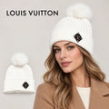 Louis Vuitton beanie worn by an adult female model, with product detail inset.
