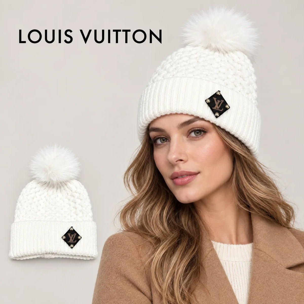 Louis Vuitton beanie worn by an adult female model, with product detail inset.