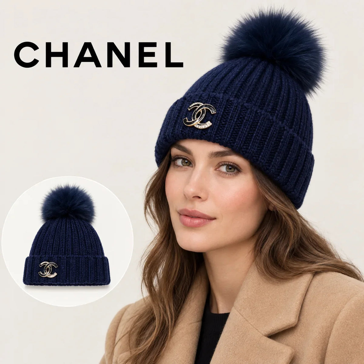 Chanel beanie worn by an adult female model, with product detail inset.