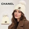 Chanel beanie worn by an adult female model, with product detail inset.