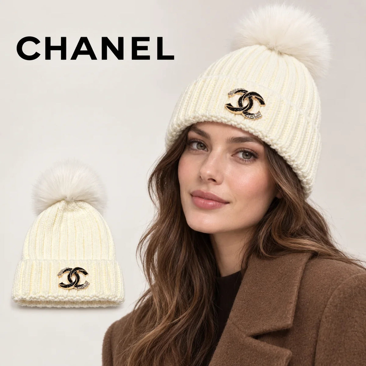 Chanel beanie worn by an adult female model, with product detail inset.