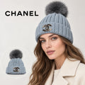 Chanel beanie worn by an adult female model, with product detail inset.