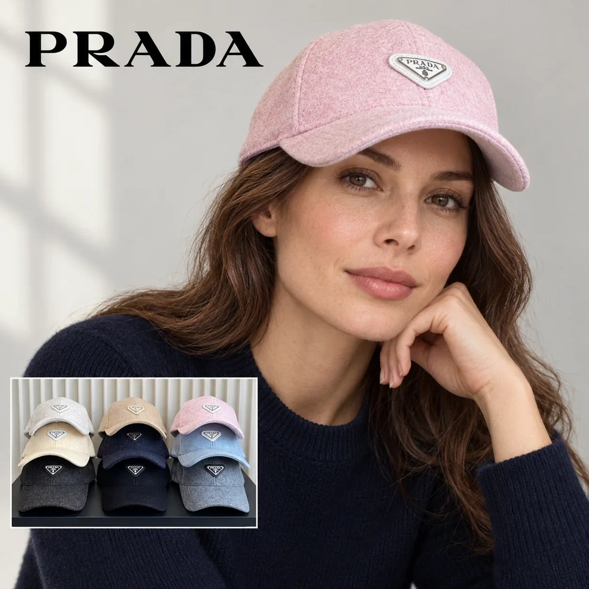Prada baseball cap worn by an adult female model with a multicolor product inset