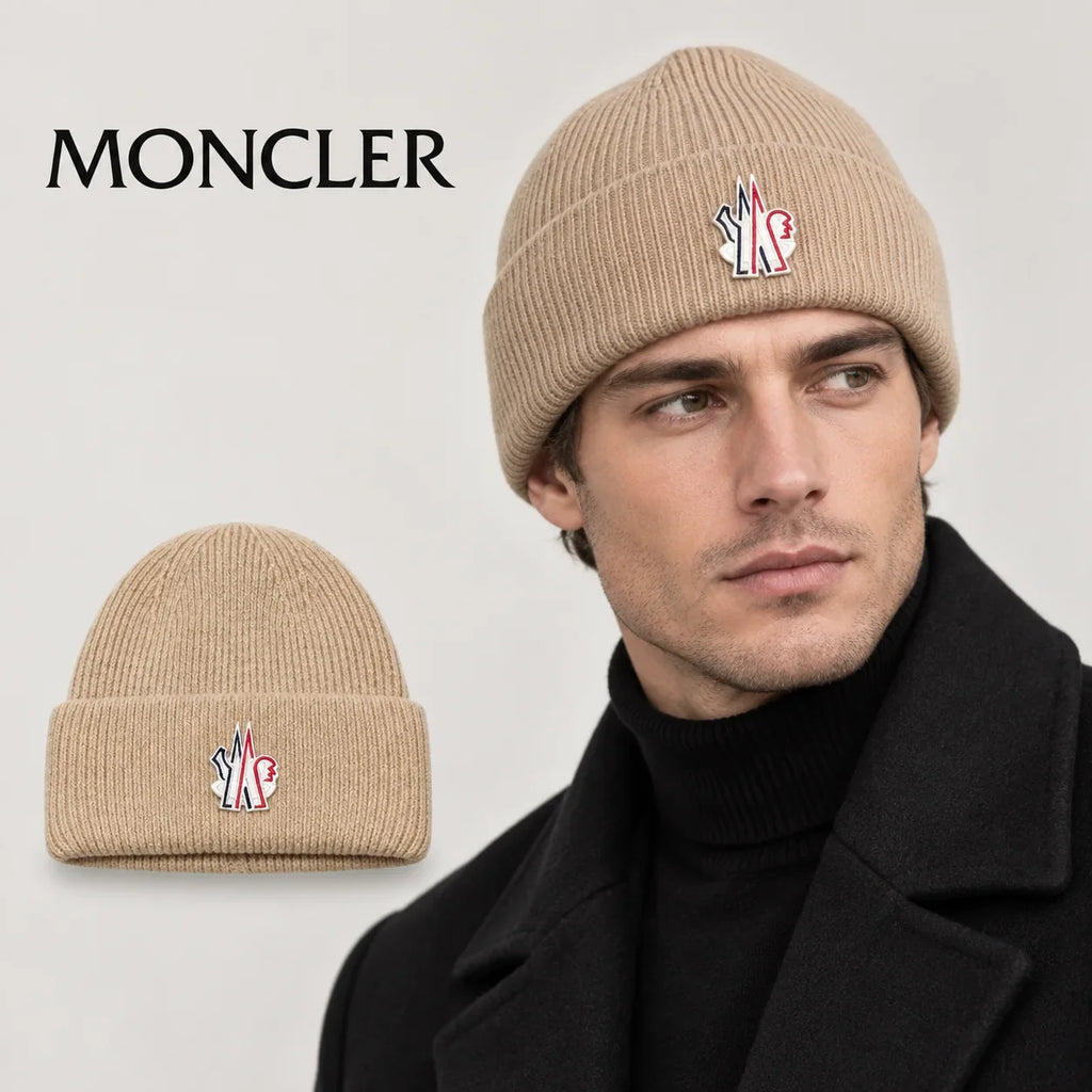 Moncler beanie worn by an adult male model, with product detail inset.