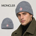 Moncler beanie worn by an adult male model, with product detail inset.