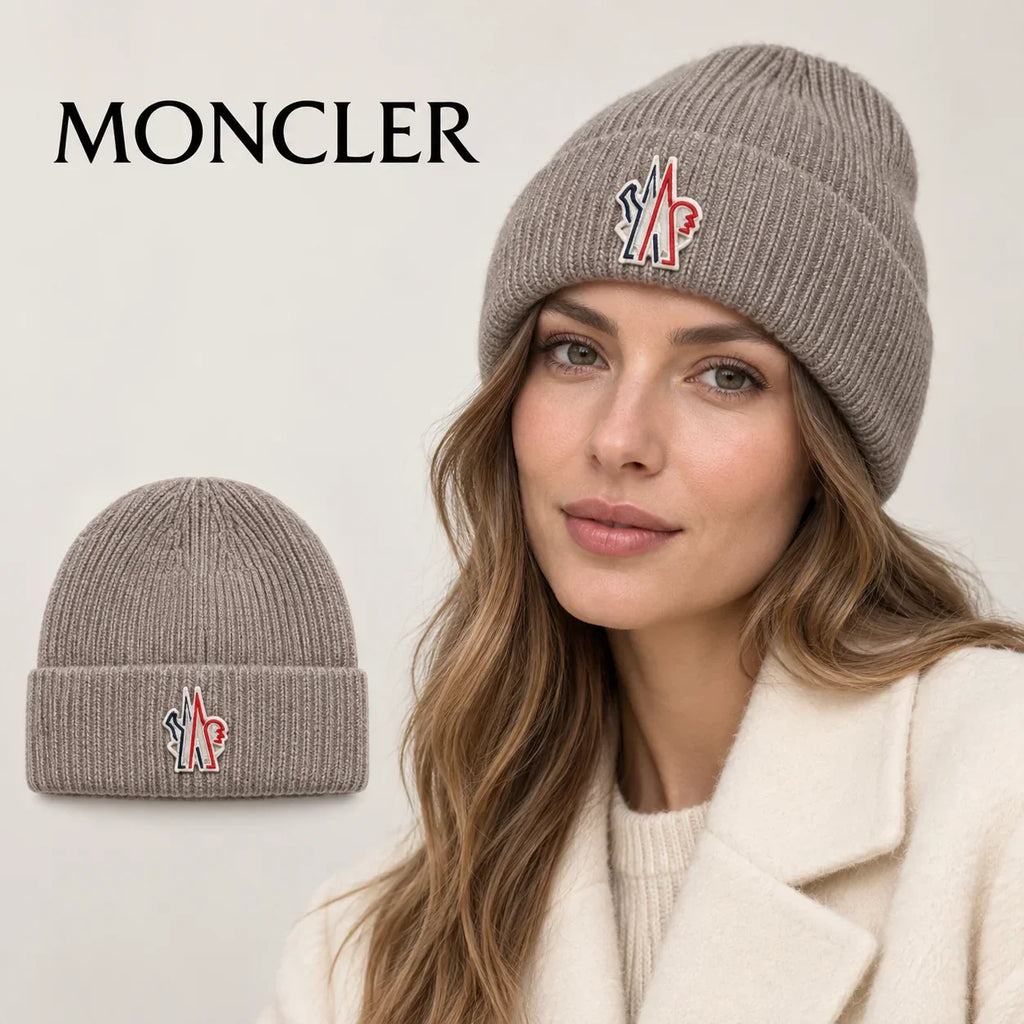 Moncler beanie worn by an adult female model, with product detail inset.