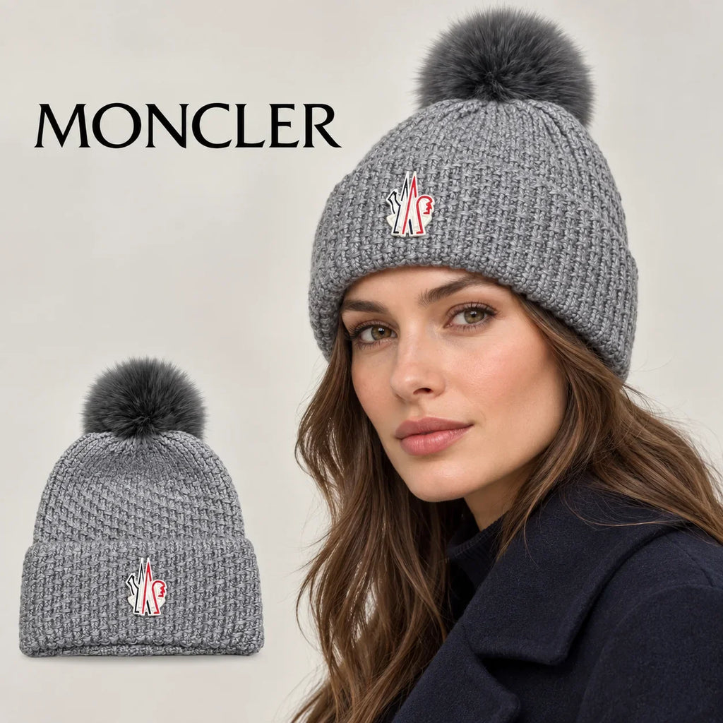 Moncler beanie worn by an adult female model, with product detail inset.