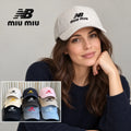 NB / miu miu baseball cap worn by an adult female model with a multicolor product inset