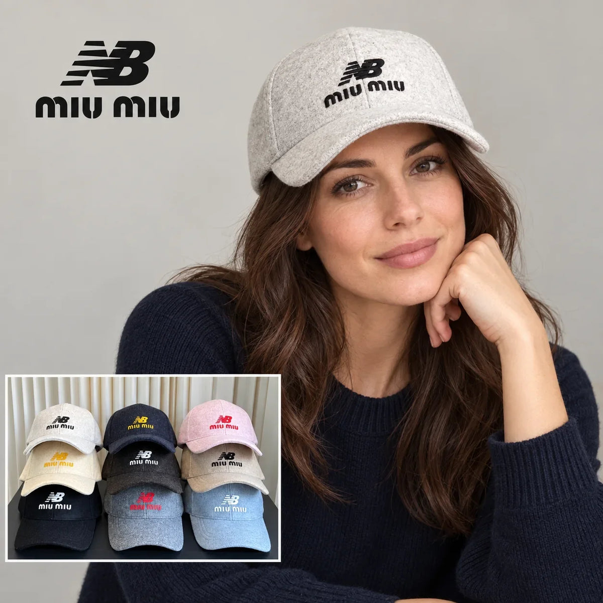 NB / miu miu baseball cap worn by an adult female model with a multicolor product inset