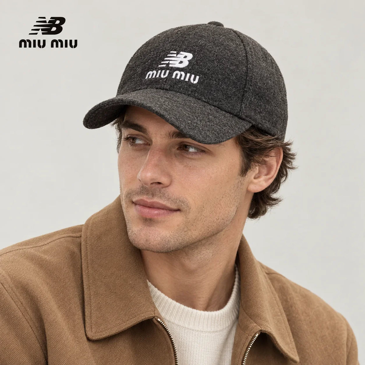 NB / miu miu baseball cap worn by an adult male model