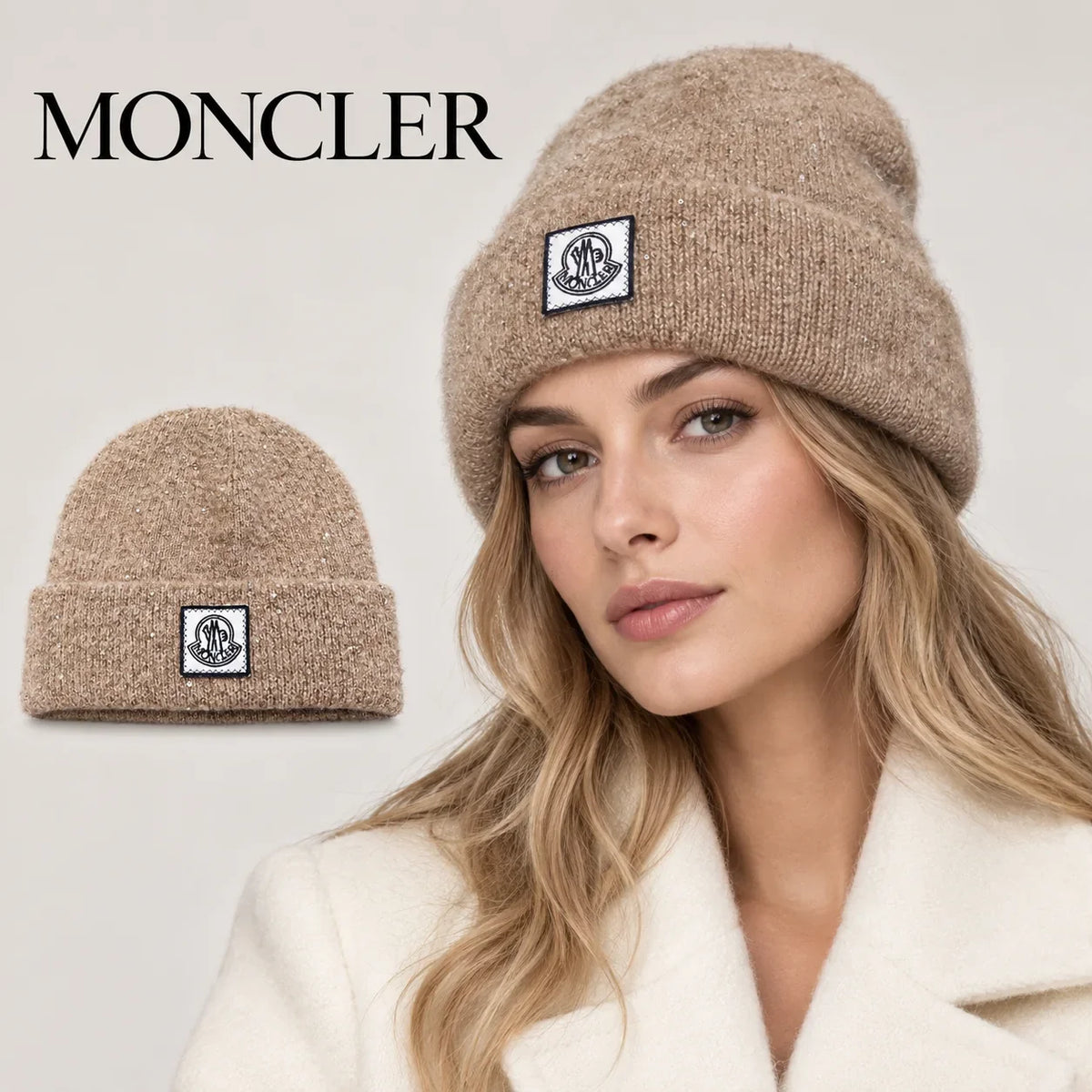 Moncler beanie worn by an adult female model, with product detail inset.