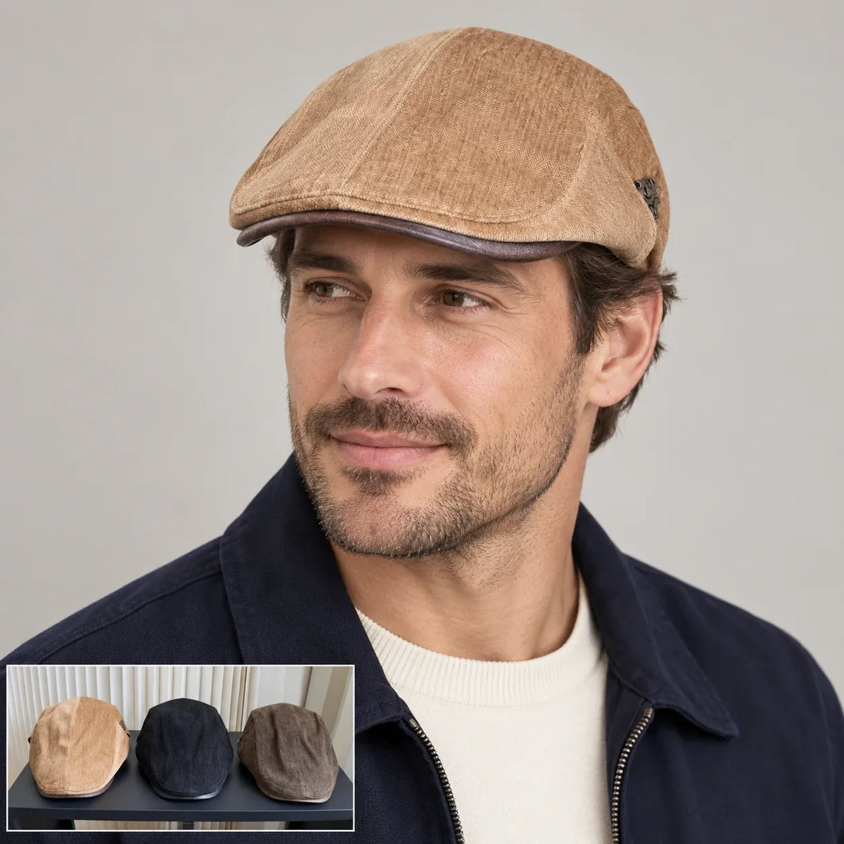 Flat cap worn by an adult male model with a multicolor product inset