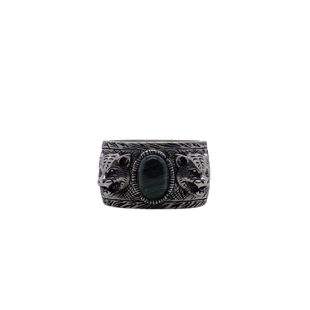 Gucci Dark Silver-Tone Tiger Head Ring with Green Center - album image 1