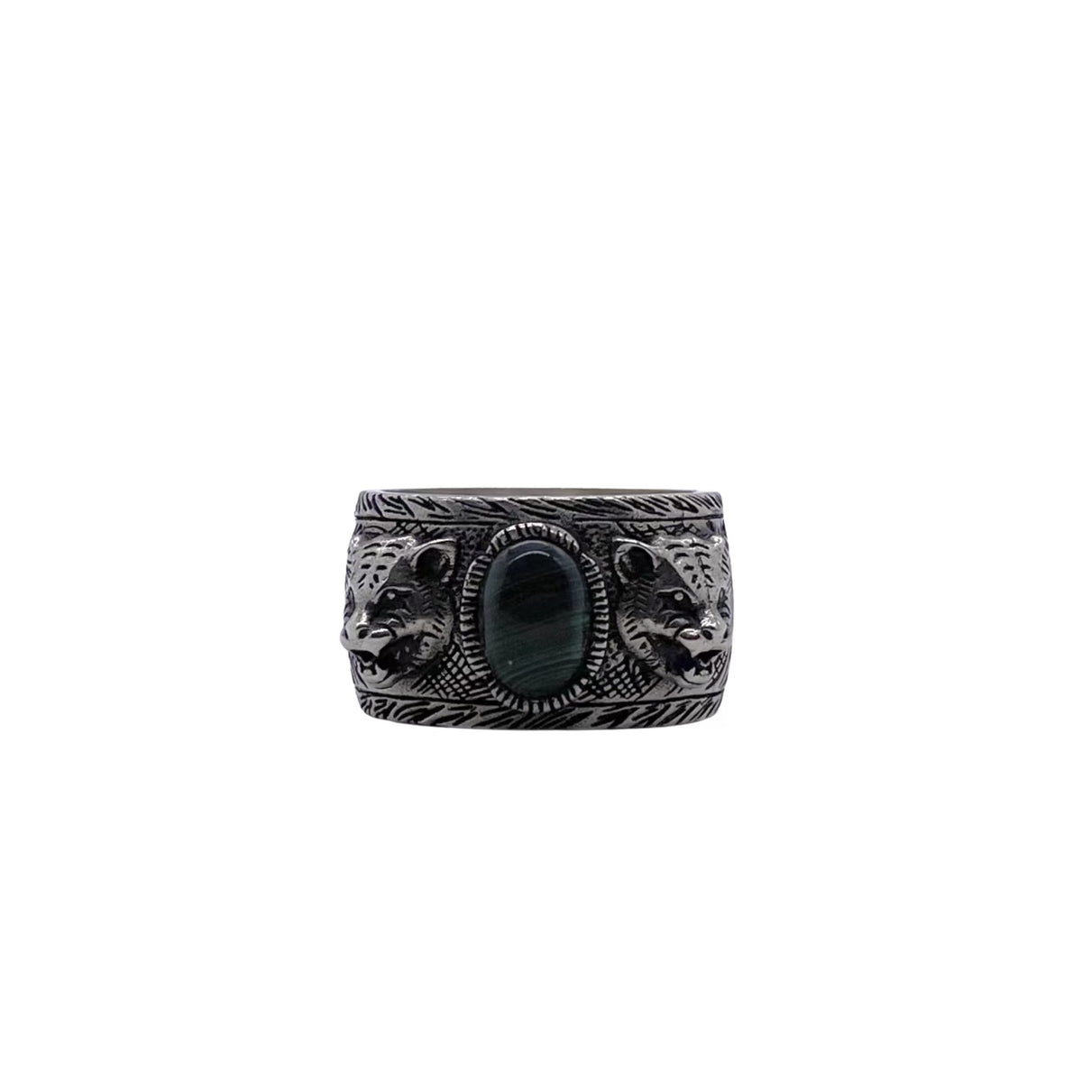 Gucci Dark Silver-Tone Tiger Head Ring with Green Center - album image 1