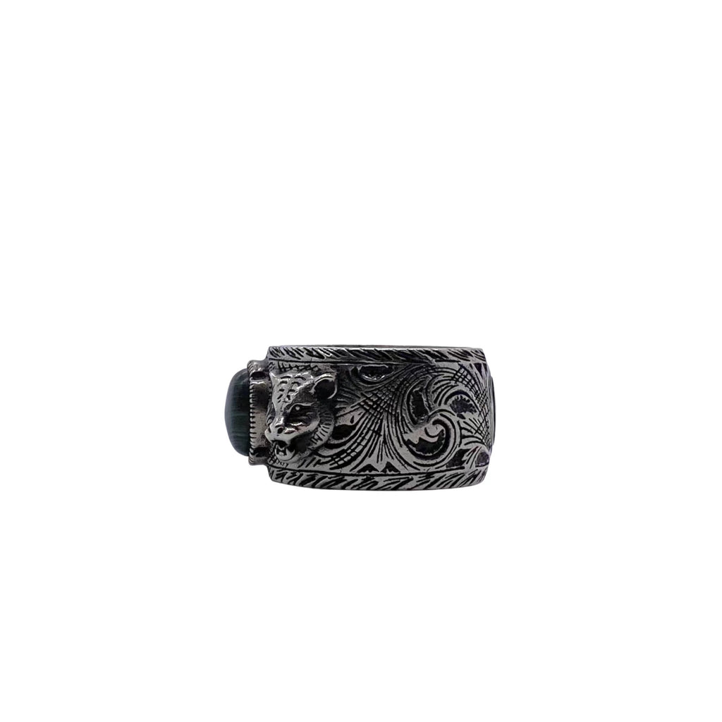 Gucci Dark Silver-Tone Tiger Head Ring with Green Center - album image 2