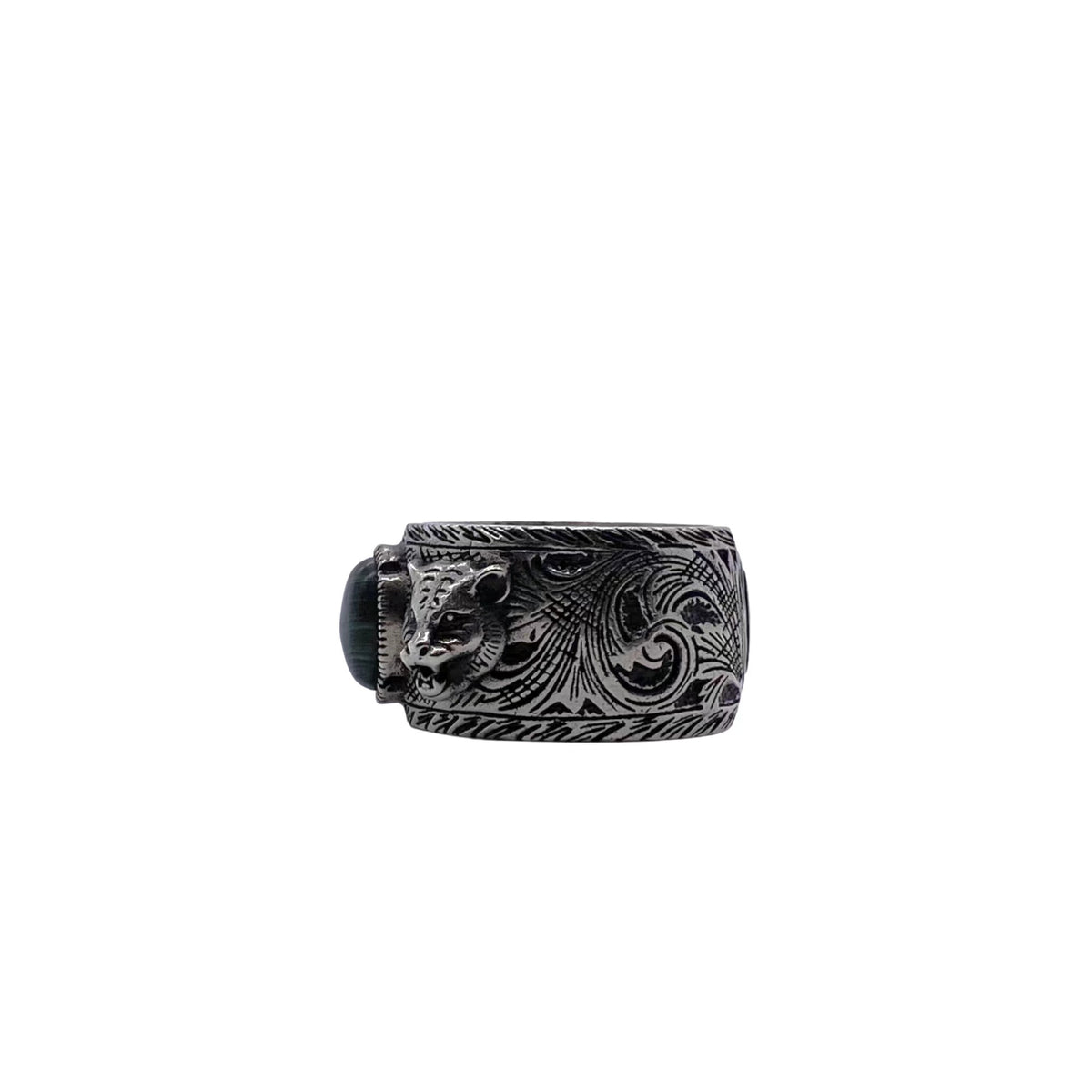 Gucci Dark Silver-Tone Tiger Head Ring with Green Center - album image 2