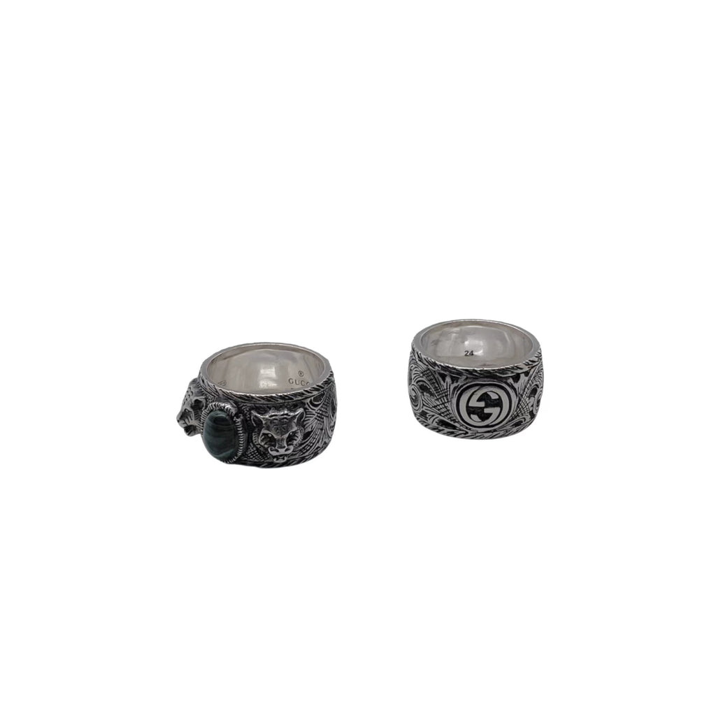 Gucci Dark Silver-Tone Tiger Head Ring with Green Center - album image 3