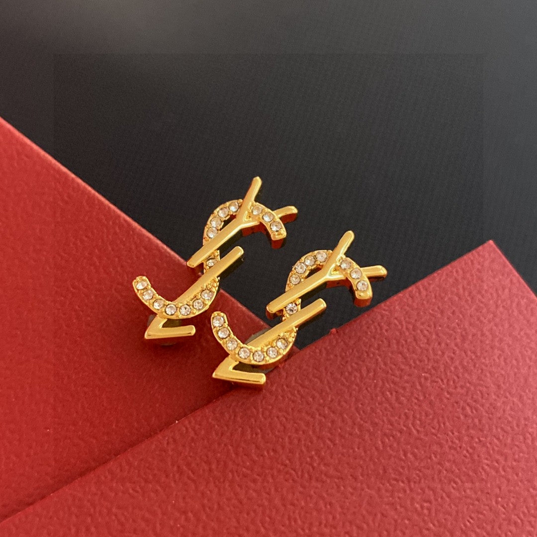 Saint Laurent Gold-Tone Crystal Monogram Stud Earrings - album image 4