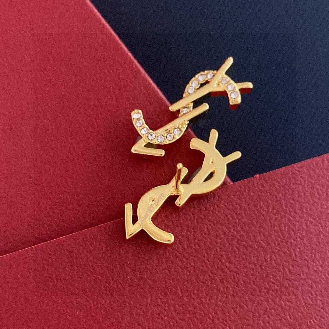 Saint Laurent Gold-Tone Crystal Monogram Stud Earrings - album image 3