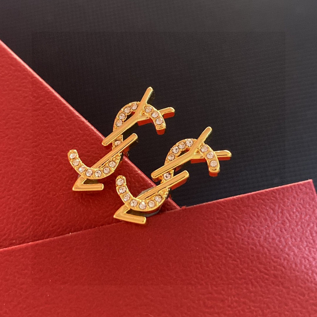 Saint Laurent Gold-Tone Crystal Monogram Stud Earrings - album image 1