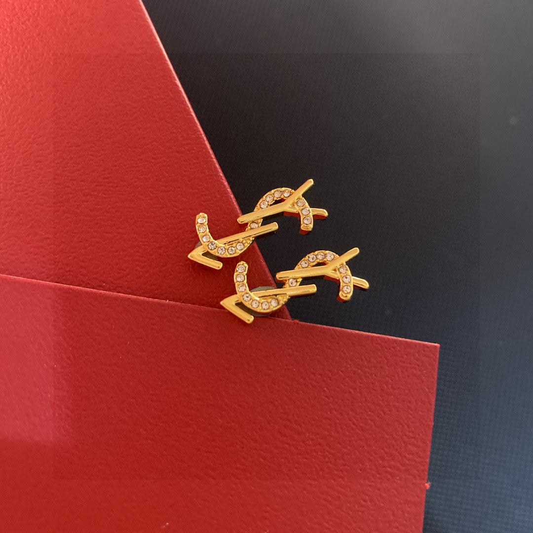 Saint Laurent Gold-Tone Crystal Monogram Stud Earrings - album image 2