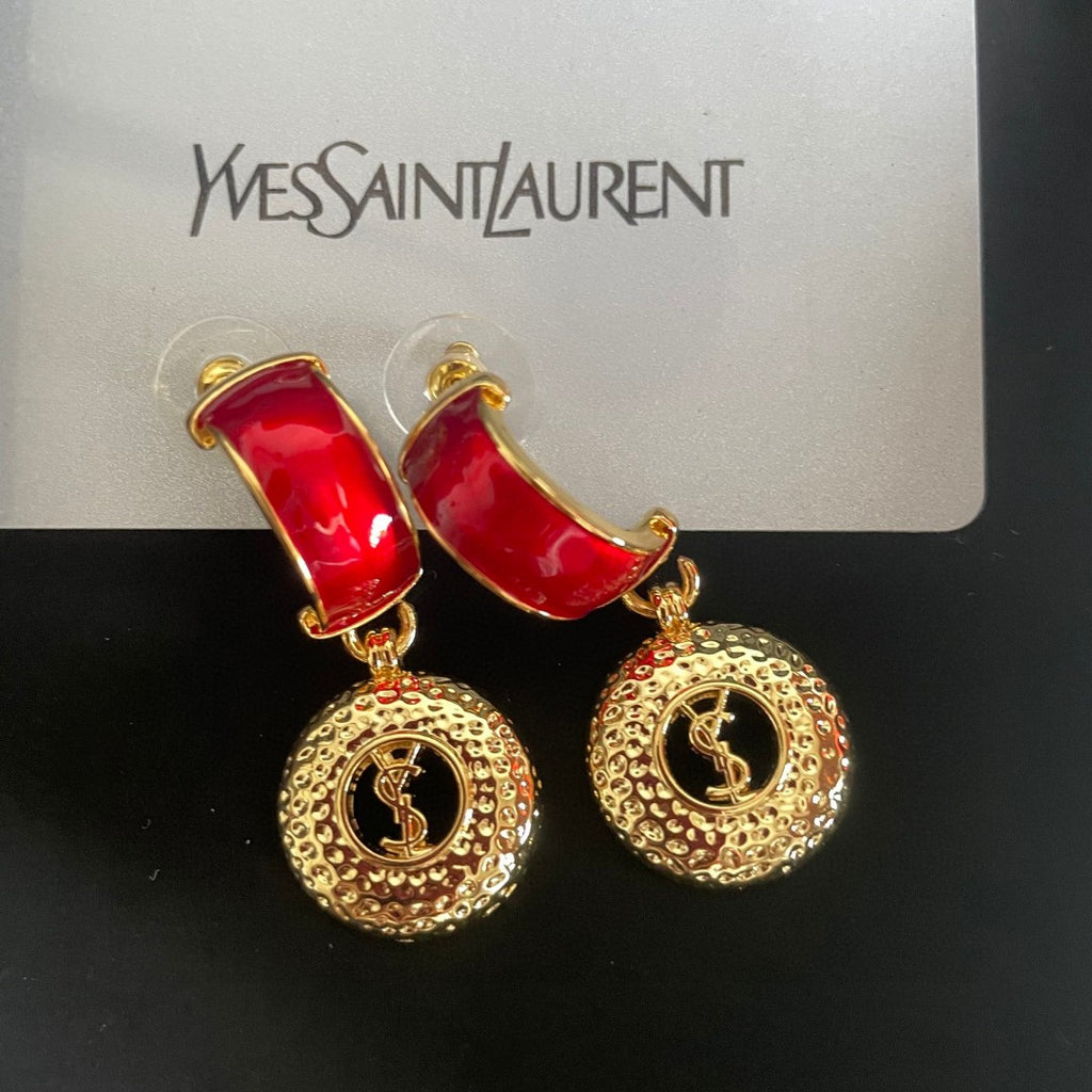 Saint Laurent Gold-Tone Red Stone Medallion Drop Earrings - album image 6