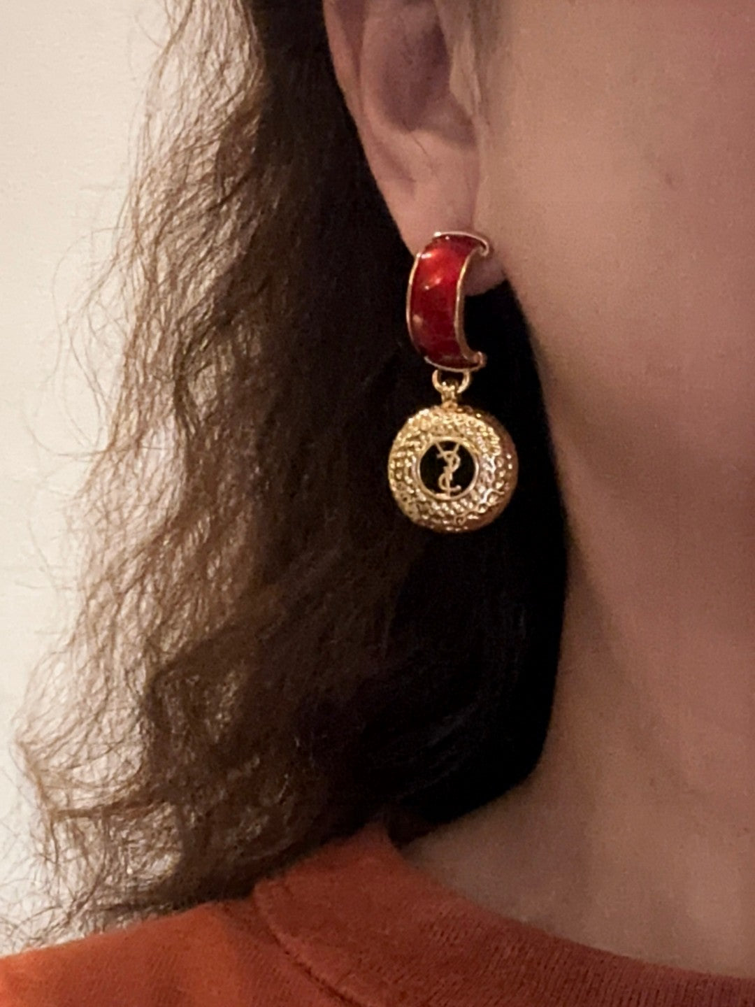 Saint Laurent Gold-Tone Red Stone Medallion Drop Earrings - album image 1