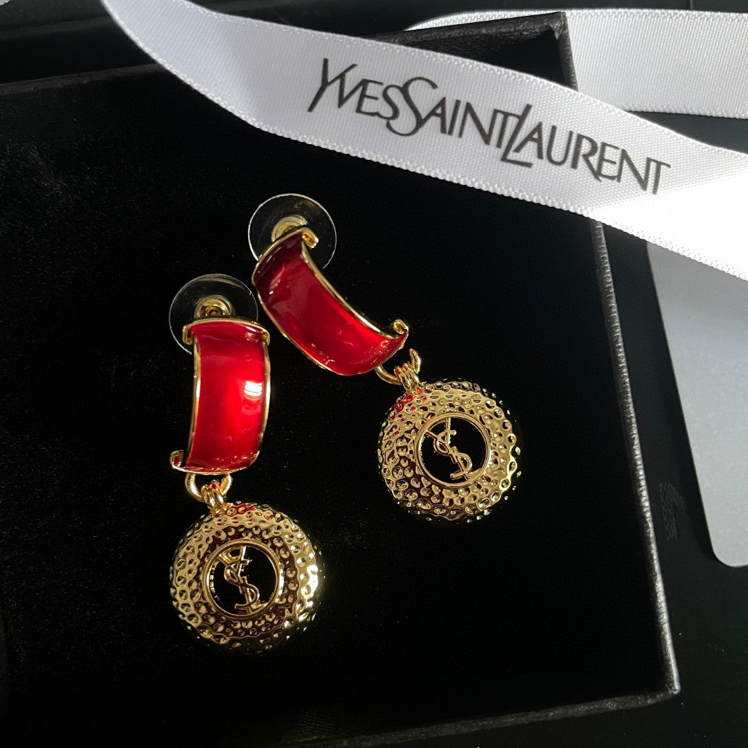 Saint Laurent Gold-Tone Red Stone Medallion Drop Earrings - album image 4