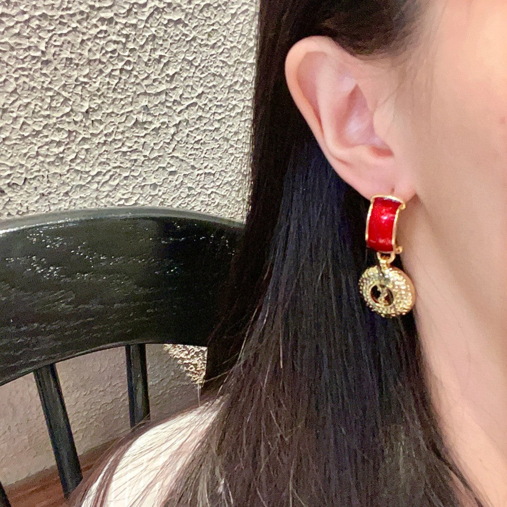 Saint Laurent Gold-Tone Red Stone Medallion Drop Earrings - album image 3