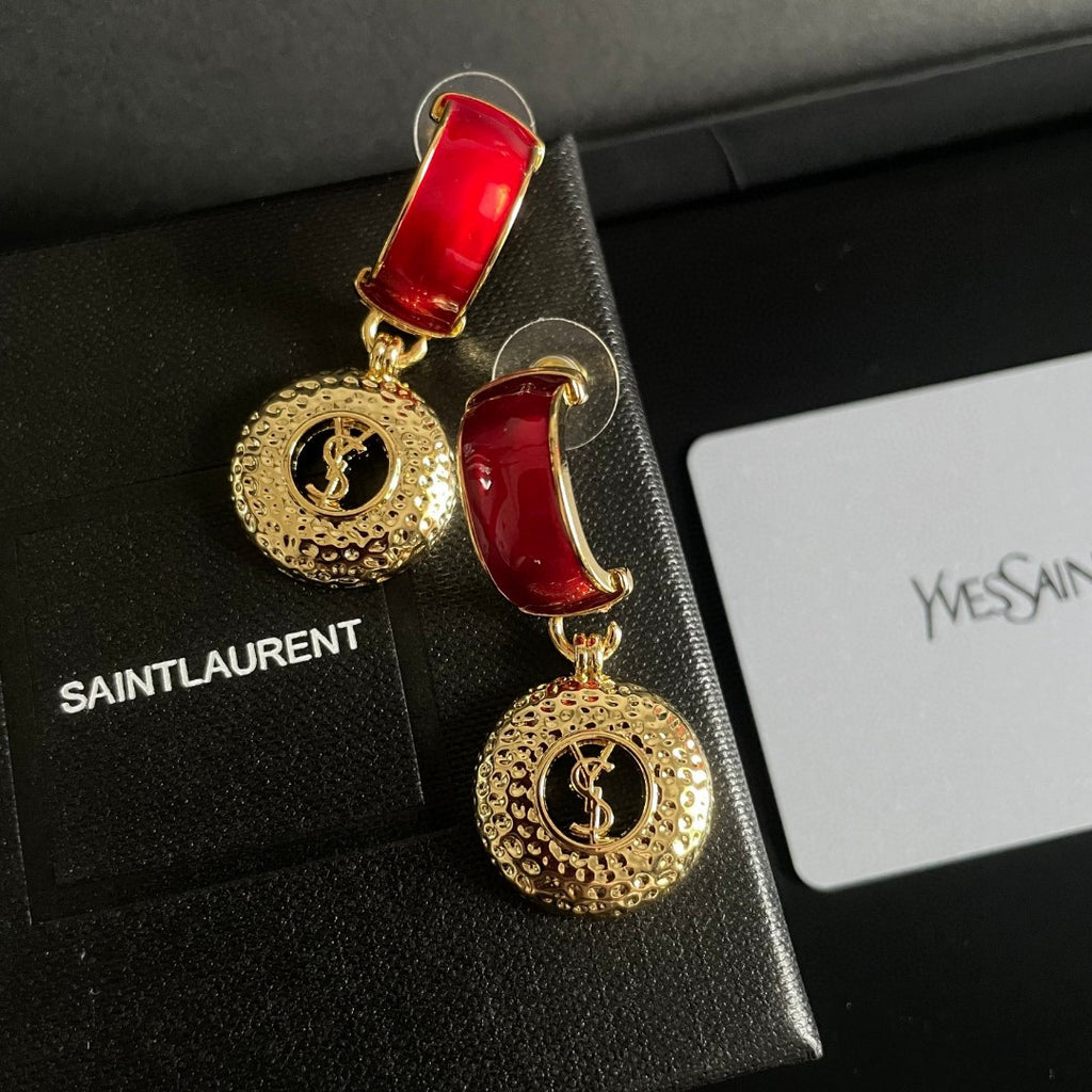 Saint Laurent Gold-Tone Red Stone Medallion Drop Earrings - album image 7